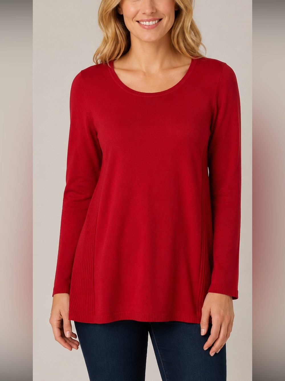 J.Jill Women’s Red Long Sleeve Knit Tunic Sweater Cotton Viscose Nylon M